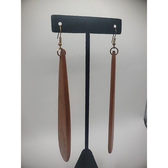Vintage Earrings Pierced Hook Drop Dangle Wooden Teardrop Jewelry Costume - Picture 3 of 10